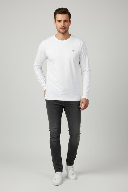 Male model wearing HAViT Full Sleeve T-Shirt in neutral color