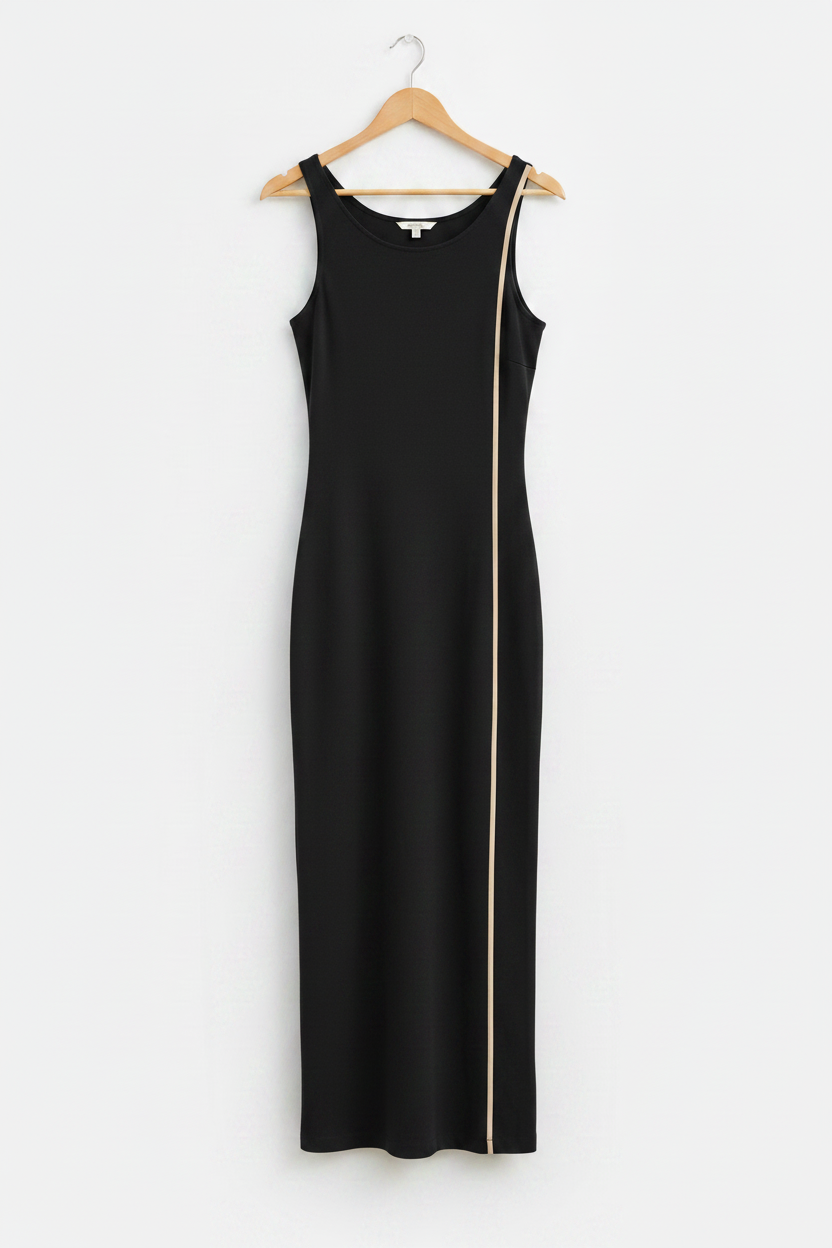 Noir Edge Bodycon Dress - black bodycon dress with gold side stripe on wooden hanger, white studio background