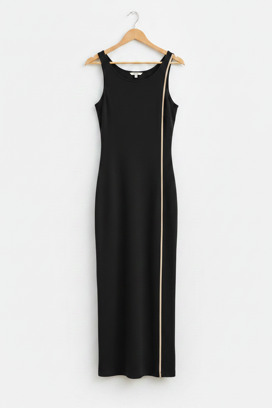 Noir Edge Bodycon Dress - black bodycon dress with gold side stripe on wooden hanger, white studio background