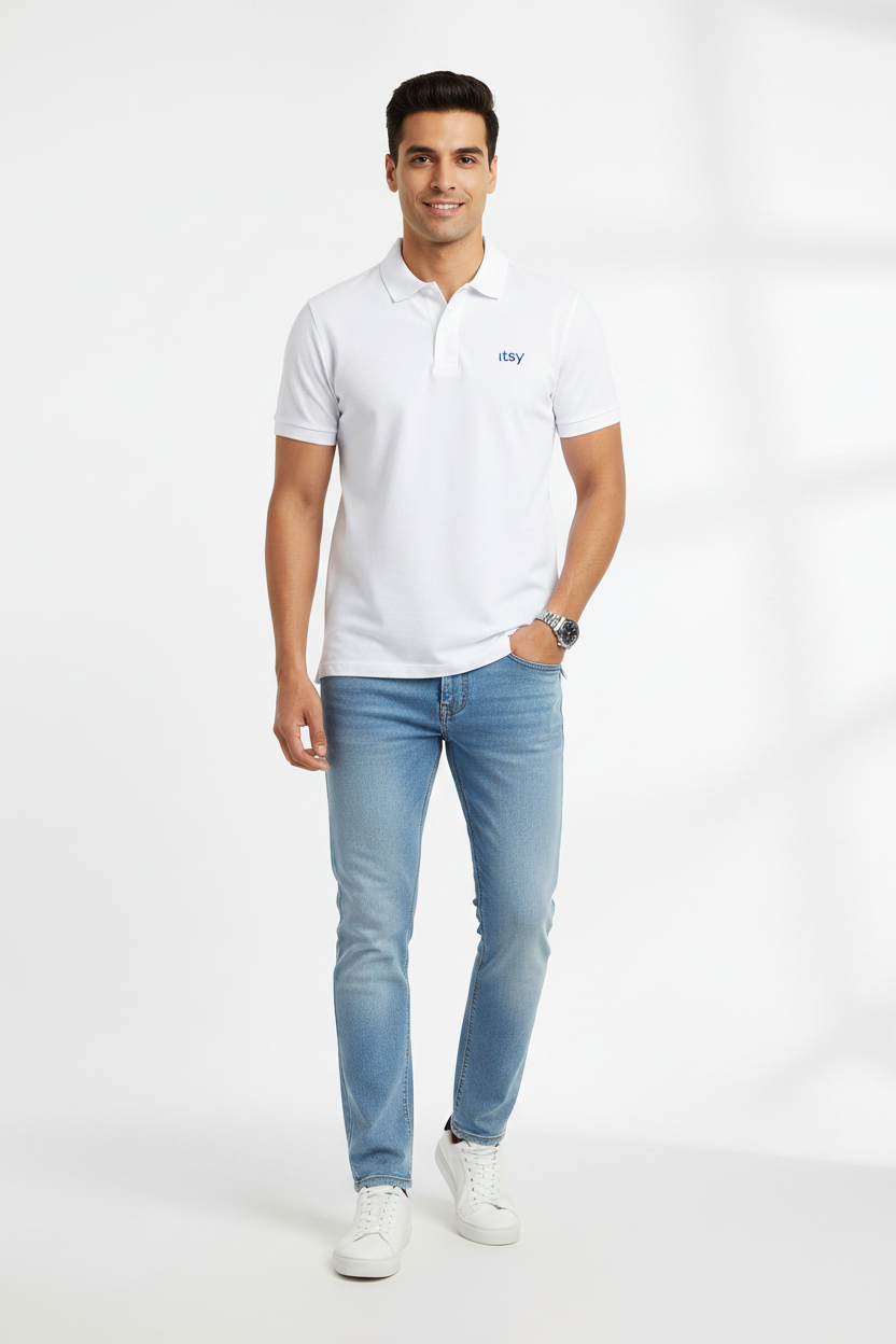ITSY Polo T-Shirt - White - Male model, studio shot, full body