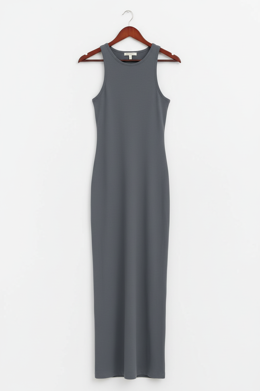 Slate grey bodycon dress on wooden hanger