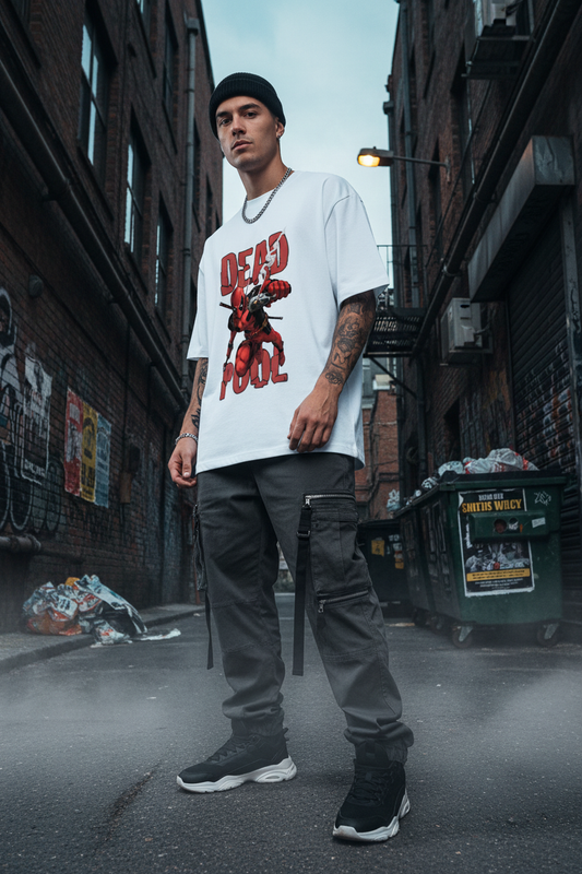 Male model wearing Deadpool oversized t-shirt
