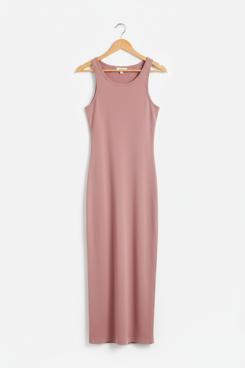 Dusty rose bodycon dress on wooden hanger