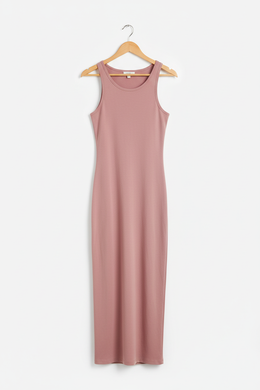 Dusty rose bodycon dress on wooden hanger