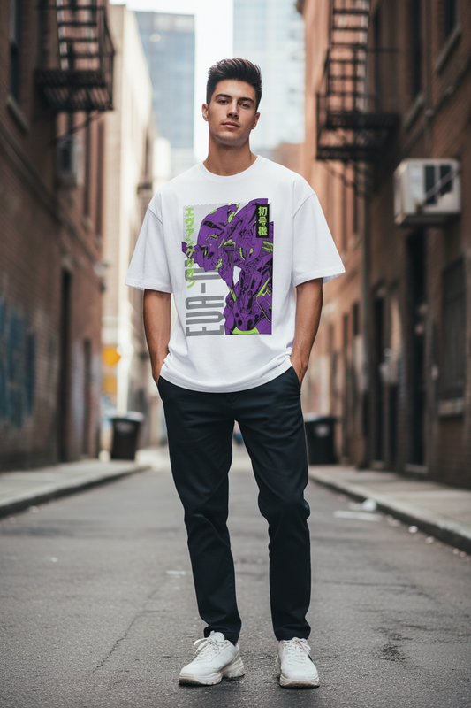 Male model wearing EVA UNIT-01 oversized t-shirt