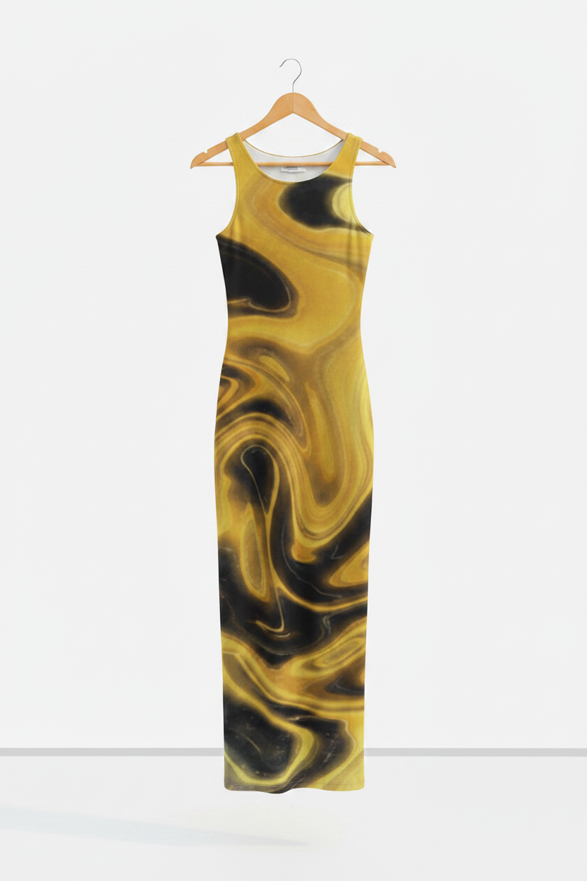 Liquid Gold Noir Bodycon Dress - gold and black liquid marble print bodycon dress on wooden hanger, white studio background