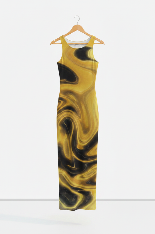 Liquid Gold Noir Bodycon Dress - gold and black liquid marble print bodycon dress on wooden hanger, white studio background