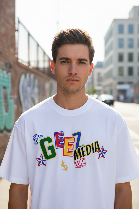 Male model wearing Geez Media oversized t-shirt