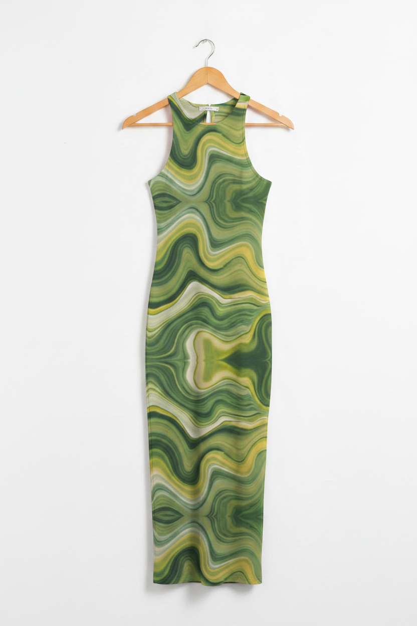 Verdant Wave Bodycon Dress - green abstract wave print bodycon dress on wooden hanger, white studio background