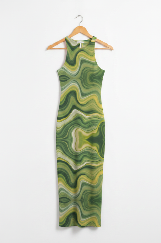 Verdant Wave Bodycon Dress - green abstract wave print bodycon dress on wooden hanger, white studio background