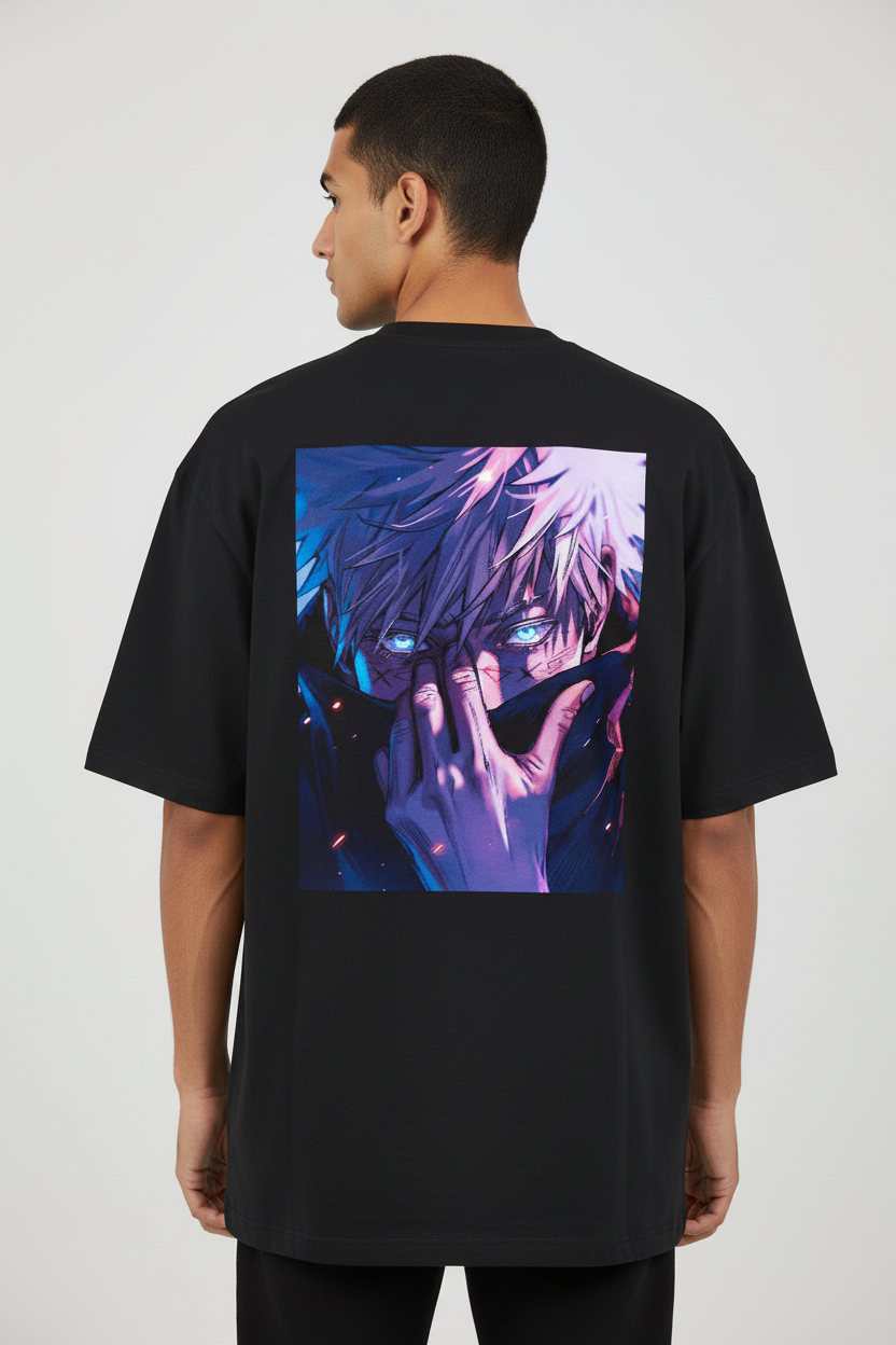 Six Eyes Awakening Oversized T-Shirt – Black – Back – Indian Male Model