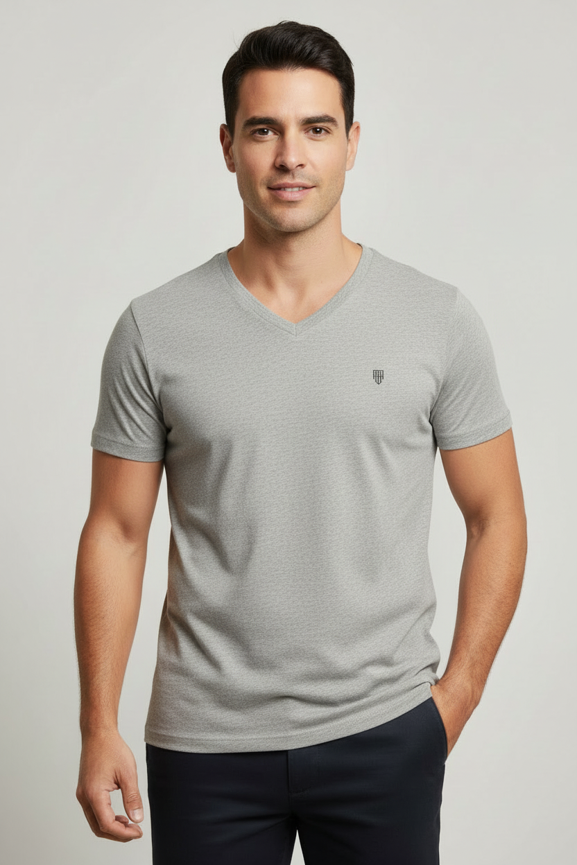 Male model wearing HAViT V-Neck T-Shirt in Grey Melange
