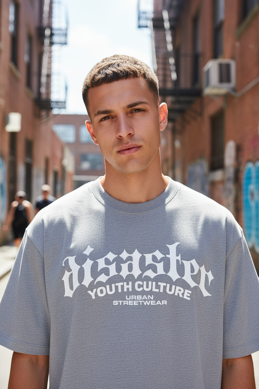Male model wearing Disaster Youth Culture oversized t-shirt