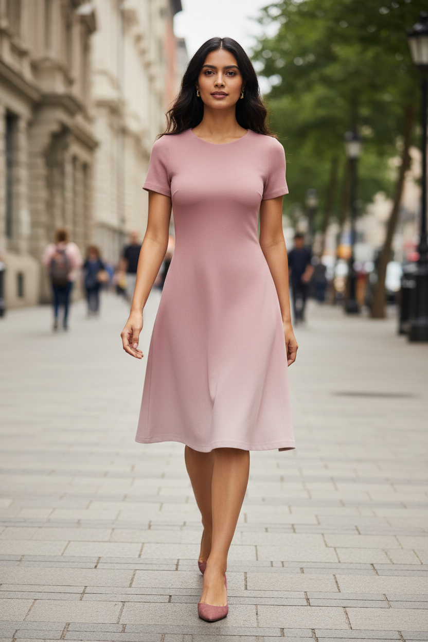 Indian female model wearing Blush Bloom A-Line Dress walking on city boulevard, mid-stride pose, full body shot