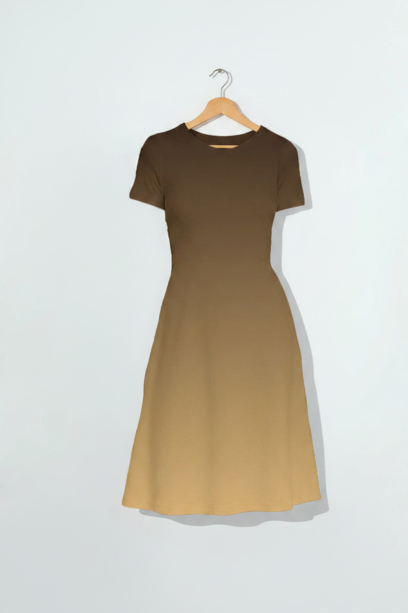 Mocha Ombre Fit and Flare Dress hanging on a light birch wood hanger, clean minimal white background, product-only shot