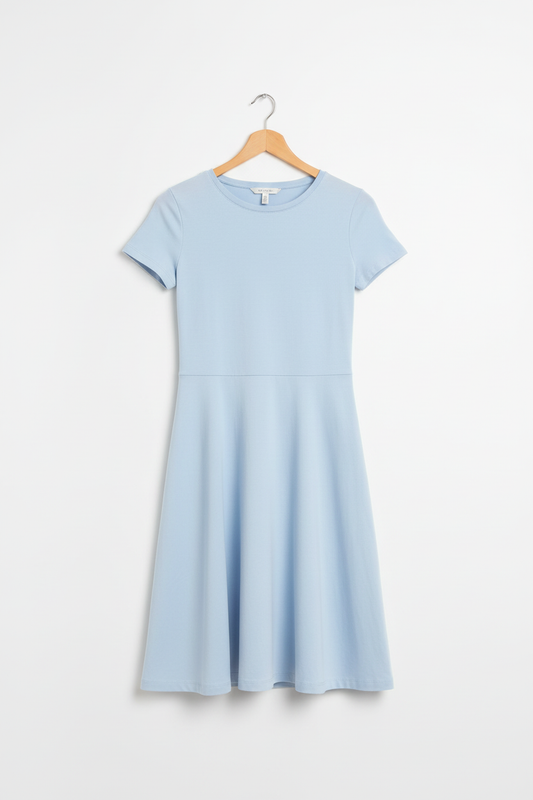Sky mist blue A-line dress on wooden hanger