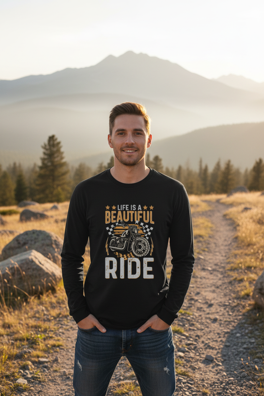 Male model wearing Beautiful Ride black full-sleeve t-shirt in outdoor adventure setting