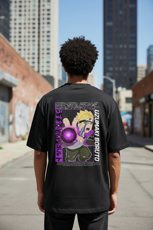 Male model wearing Boruto Uzumaki – Karma Awakening oversized t-shirt - back view