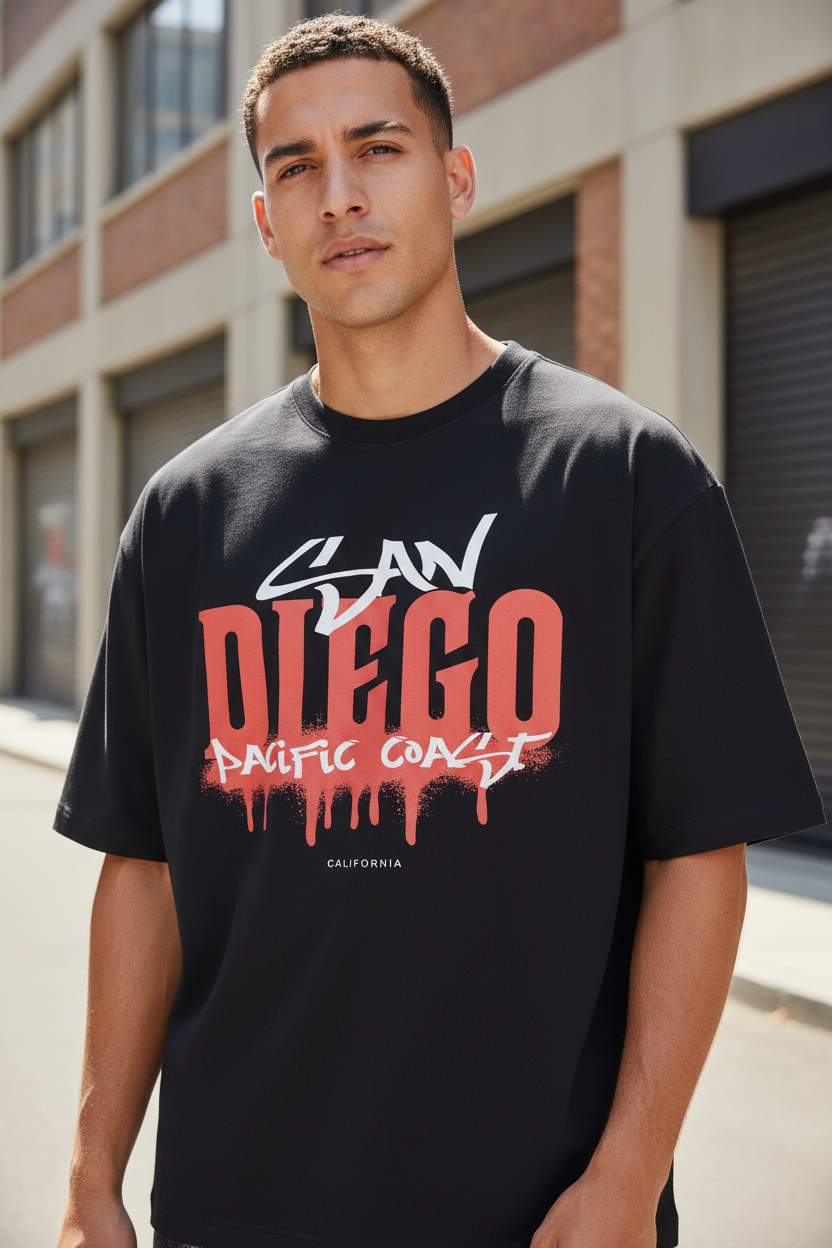 Male model wearing San Diego Pacific Coast Drip oversized t-shirt