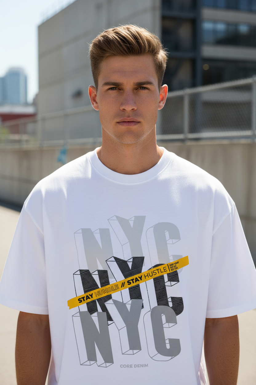 Male model wearing NYC Hustle Oversized Streetwear T-Shirt