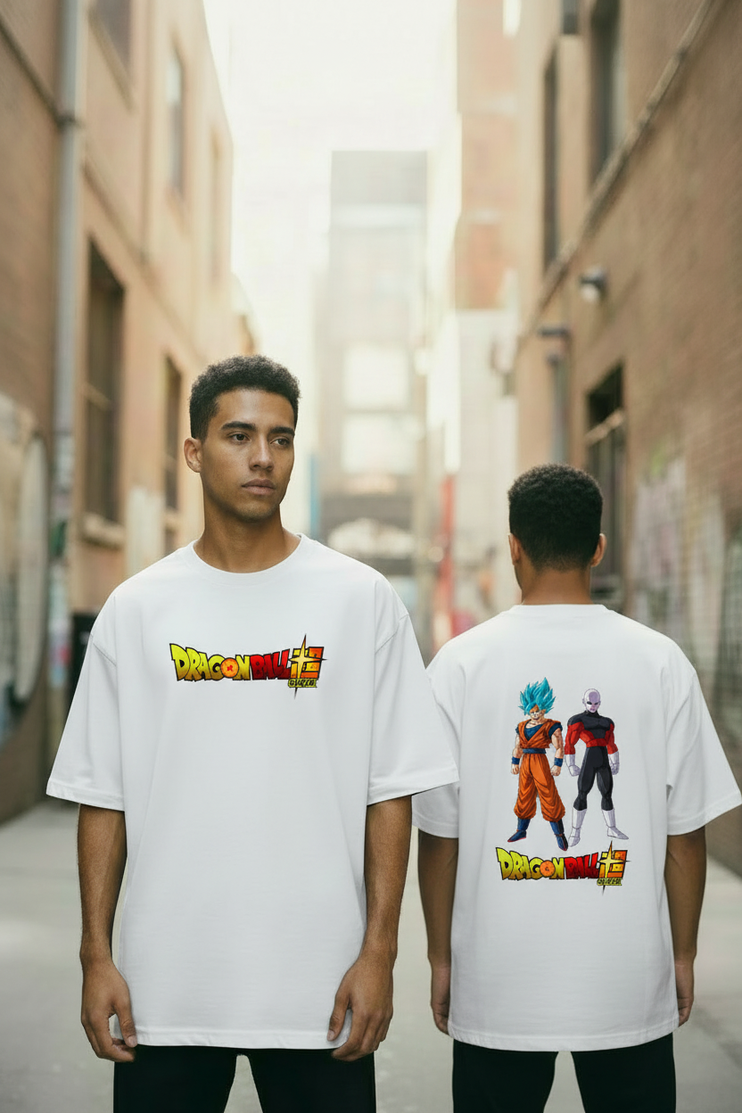 Male model wearing Clash of Ultimate Power oversized t-shirt - front and back view