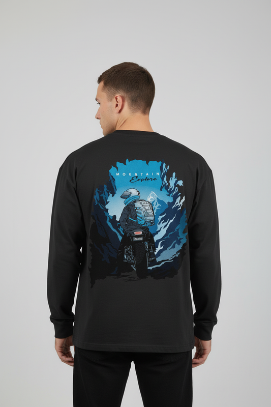 Model wearing Mountain Explorer – Men's Full Sleeve T-Shirt - Back View