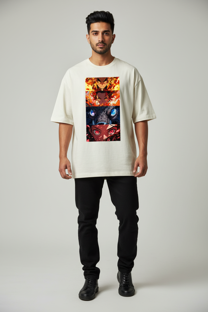 Flame & Beast Saga Oversized T-Shirt – Off White – Front – Indian Male Model