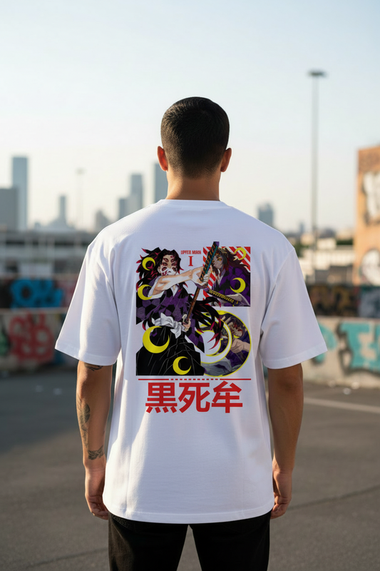 Male model wearing DEMON SLAYER oversized t-shirt - back view