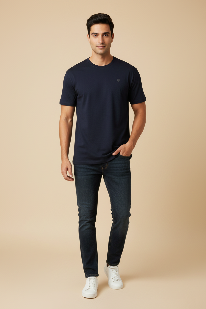 HAViT Men's Crew Neck T-Shirt – Navy Blue – Indian Male Model