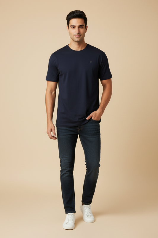 HAViT Men's Crew Neck T-Shirt – Navy Blue – Indian Male Model