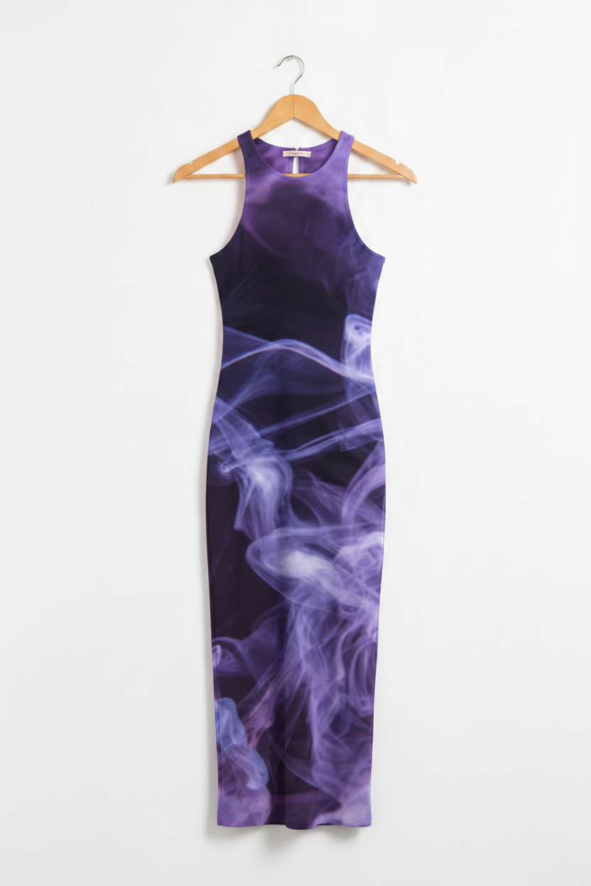 Violet Mist Bodycon Dress - purple smoke-effect bodycon dress on wooden hanger, white studio background