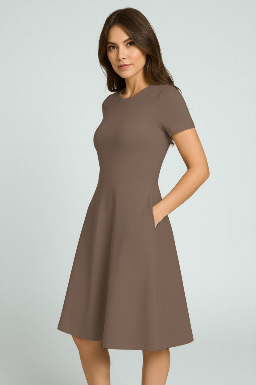White model wearing mocha brown A-line dress