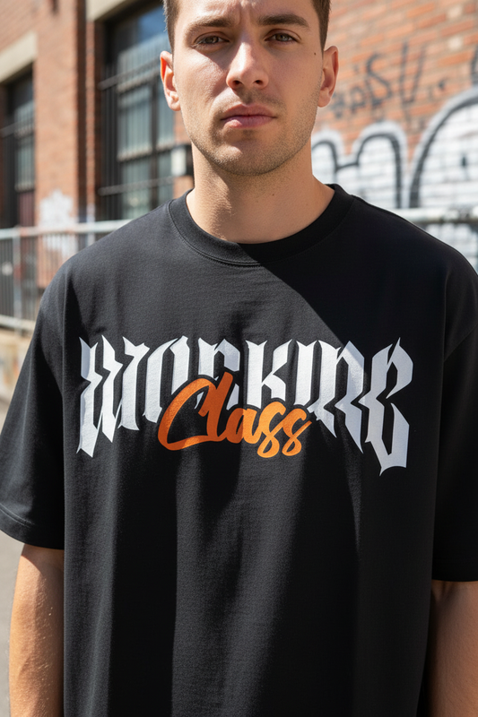 Male model wearing Working Class oversized t-shirt