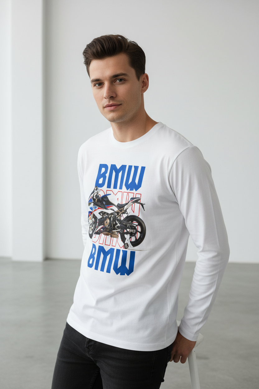 Male model wearing BMW Powerline white full-sleeve t-shirt in modern minimalist setting