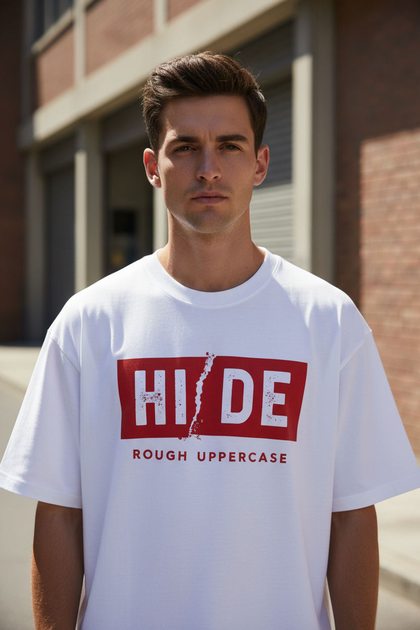 Male model wearing Hide Mode oversized t-shirt