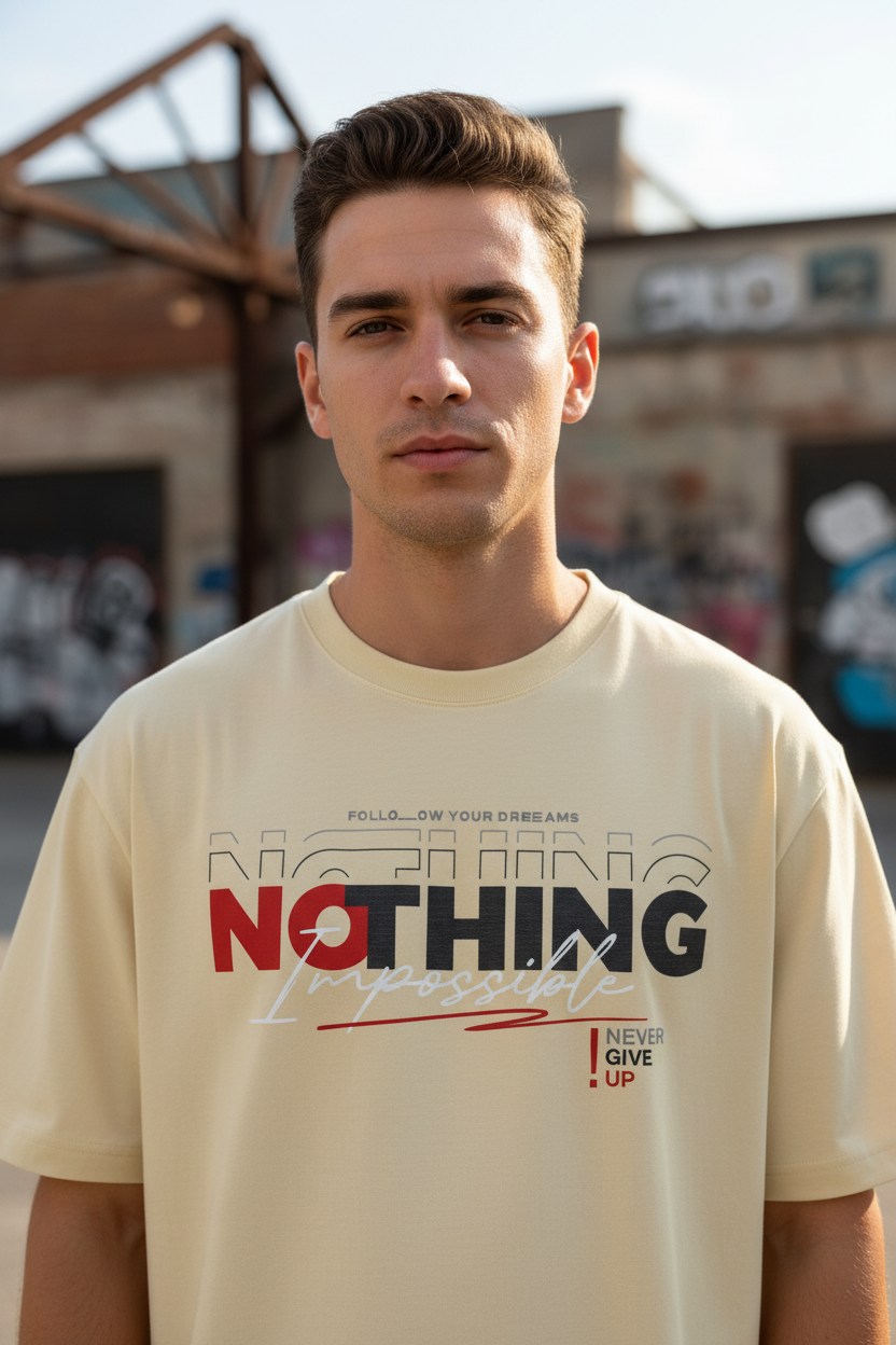 Male model wearing Nothing Is Impossible oversized t-shirt - color variant