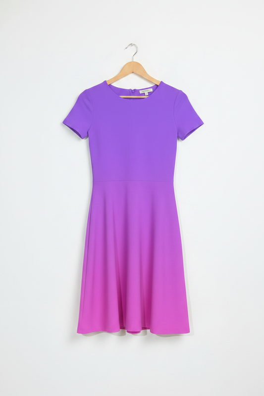Berry Blush A-Line Dress hanging on a light birch wood hanger, smooth purple-to-pink gradient, clean minimal white background, product-only shot