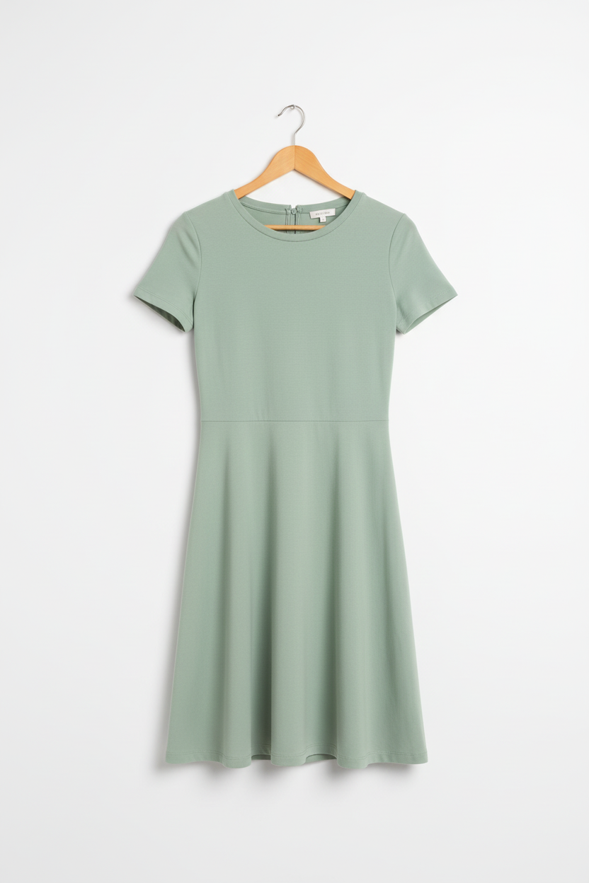 Sage green A-line dress on wooden hanger