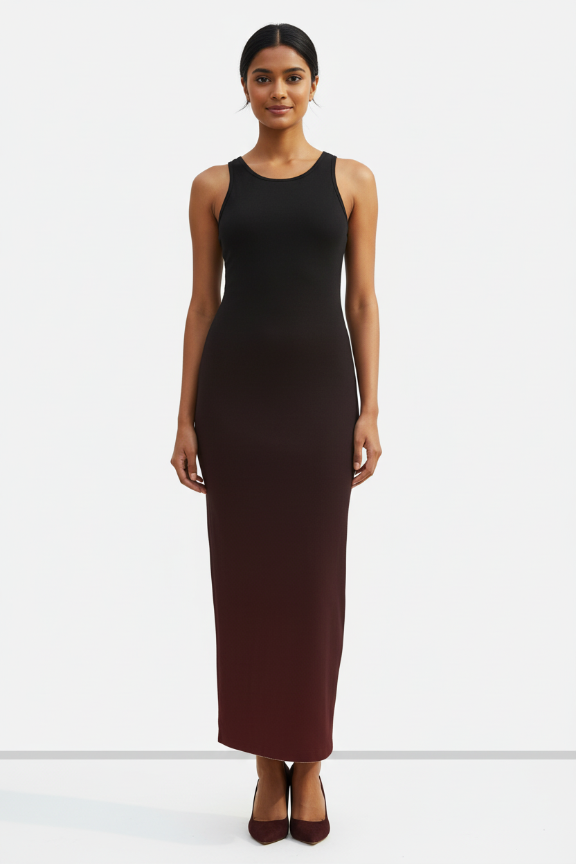 Midnight Wine Ombre Bodycon Dress - Indian female model wearing black-to-wine ombre gradient bodycon dress with side slit and heels, studio background
