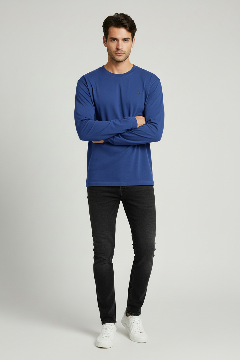 Male model wearing HAViT Full Sleeve T-Shirt in Royal Blue with dark grey logo