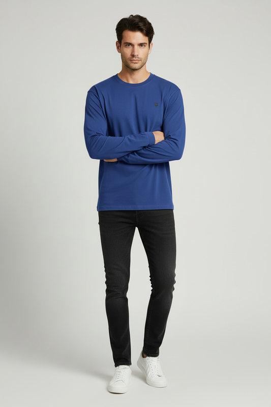 Male model wearing HAViT Full Sleeve T-Shirt in Royal Blue with dark grey logo