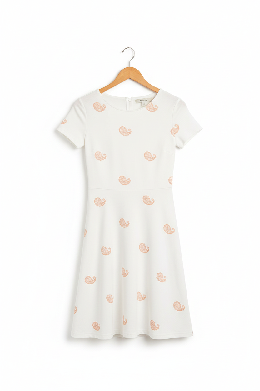 Elegant paisley A-line dress on wooden hanger