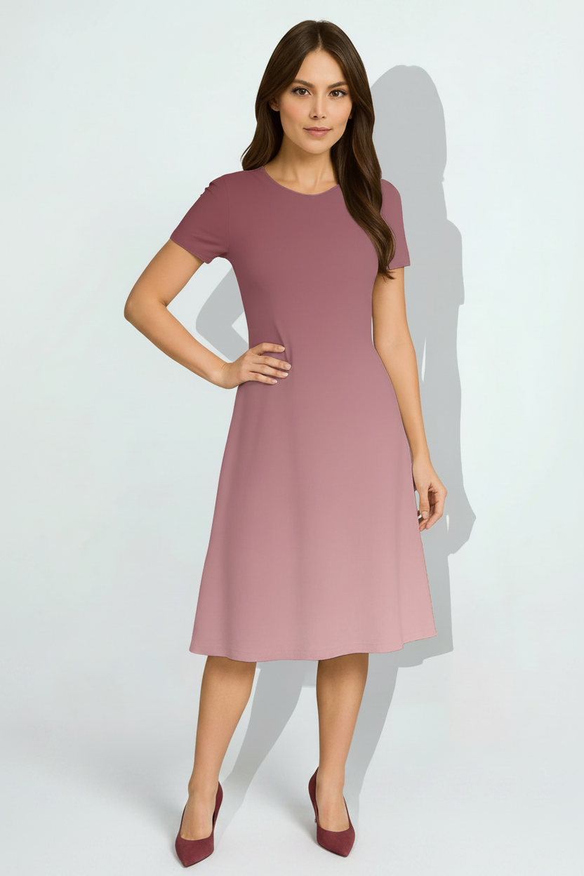 Indian female model wearing Rosewood Fade A-Line Dress in studio setting, confident hand-on-hip pose, full body shot