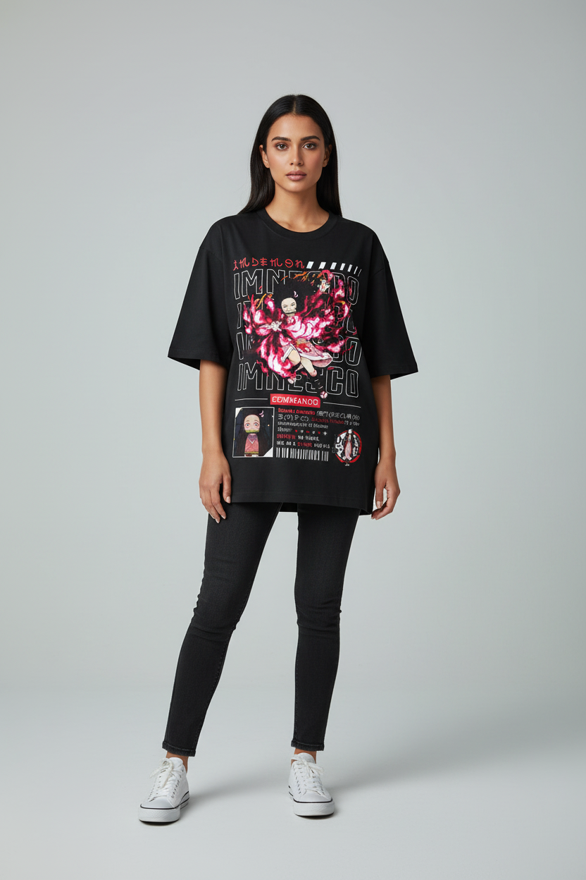 Blood Flame Commando Oversized T-Shirt – Black – Front – Indian Female Model