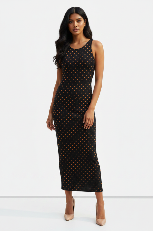 Amber Pop Polka Bodycon Dress - wheatish-toned Indian female model wearing black bodycon dress with vibrant orange polka dots, orange heels, white studio background