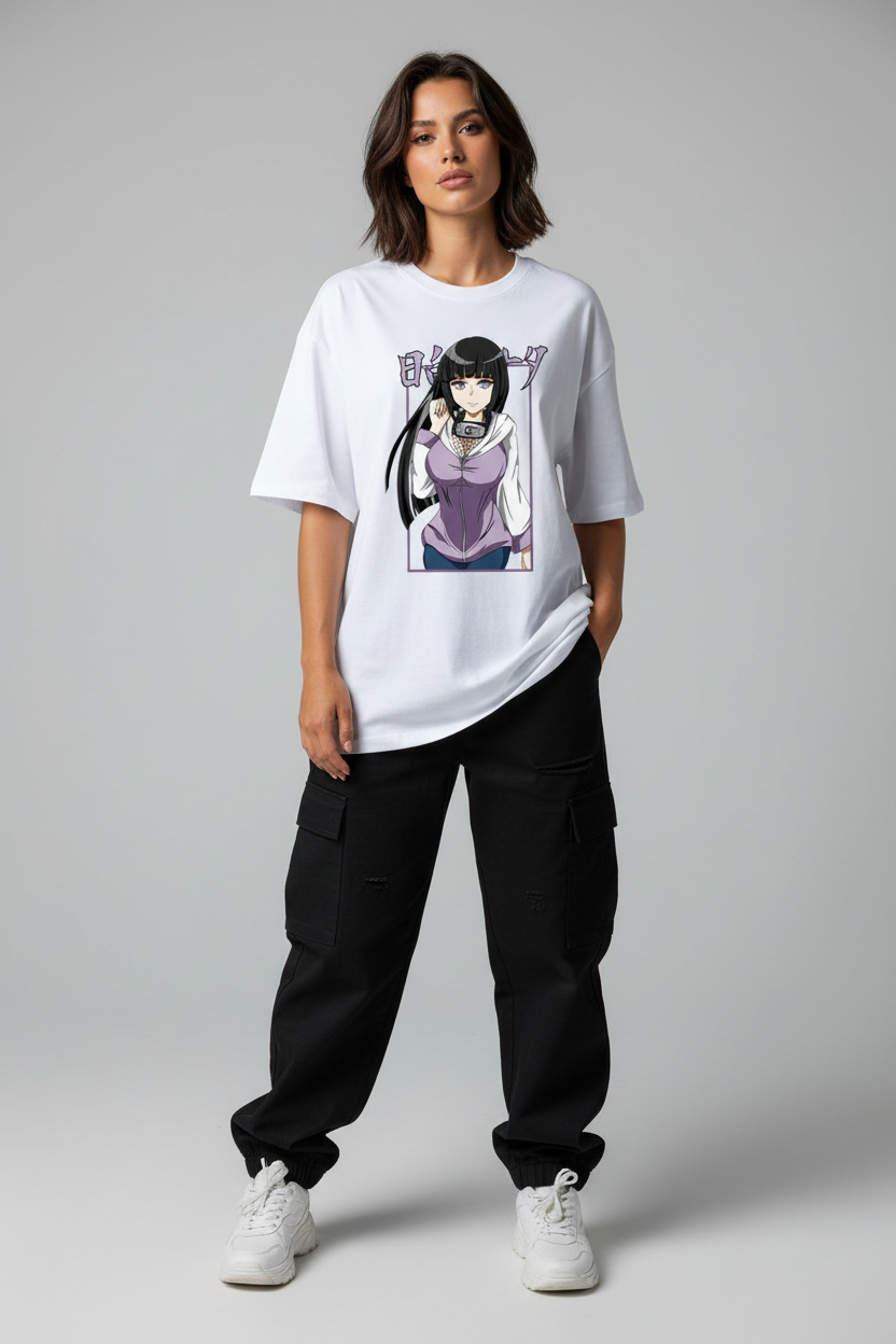 Female model wearing Hinata Hyuga – Gentle Fist Grace Oversized T-Shirt