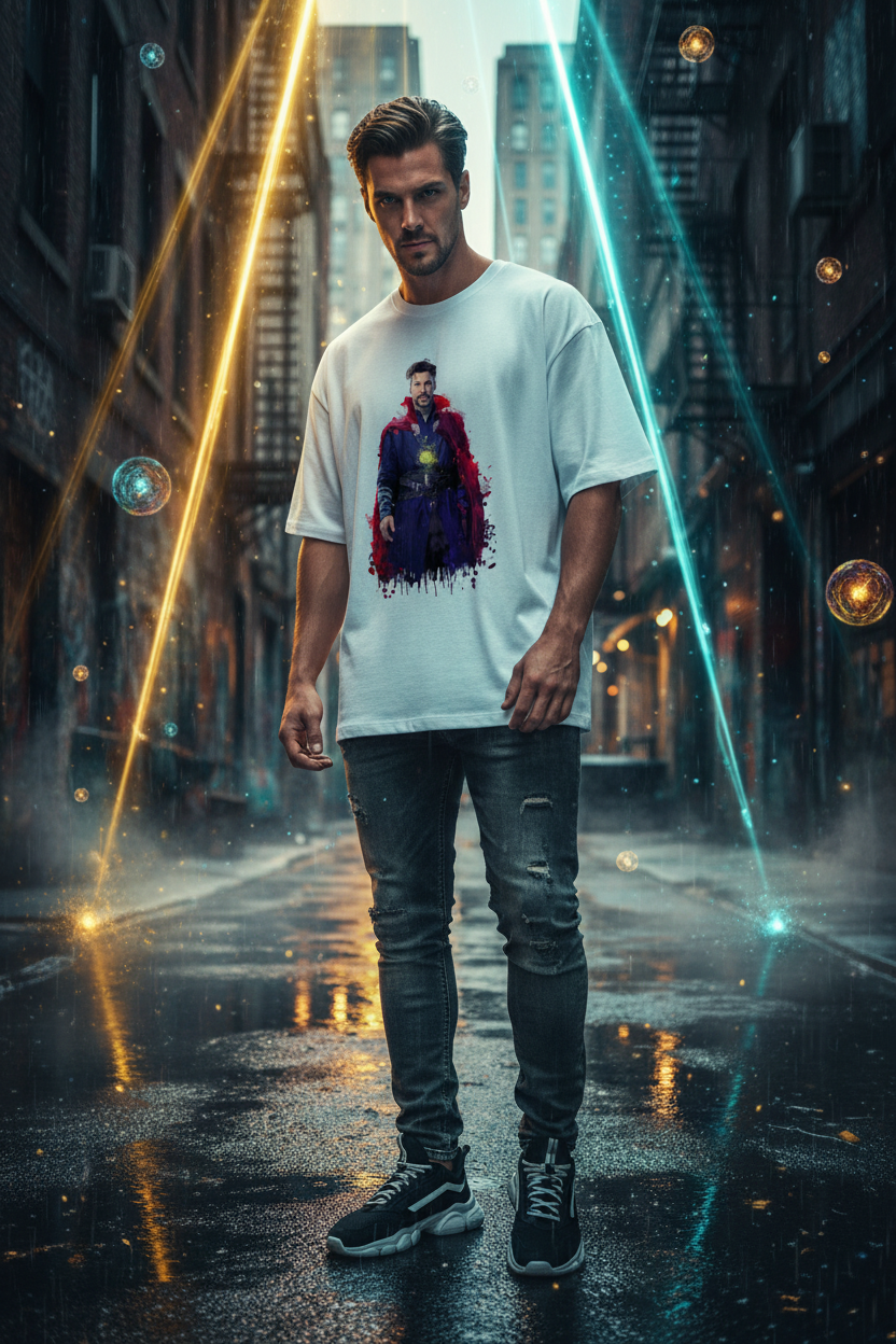 Male model wearing Doctor Strange Master of the Mystic Arts oversized t-shirt