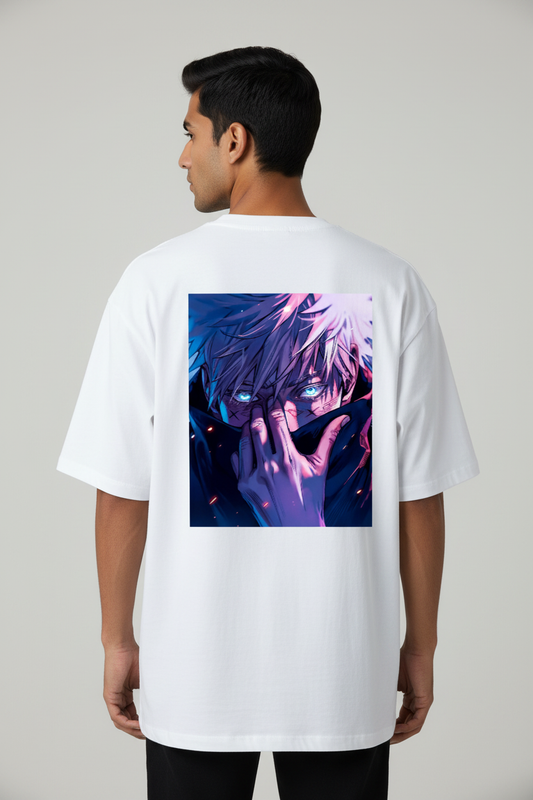 Six Eyes Awakening Oversized T-Shirt – White – Back – Indian Male Model