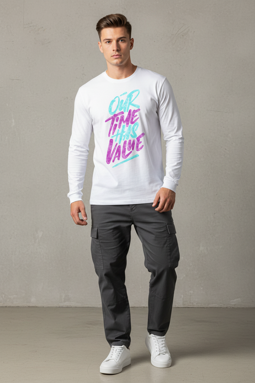 Model wearing Our Time Has Value Full Sleeve T-Shirt