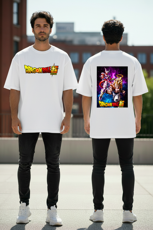 Male model wearing Heavenfall Showdown oversized t-shirt - front and back view